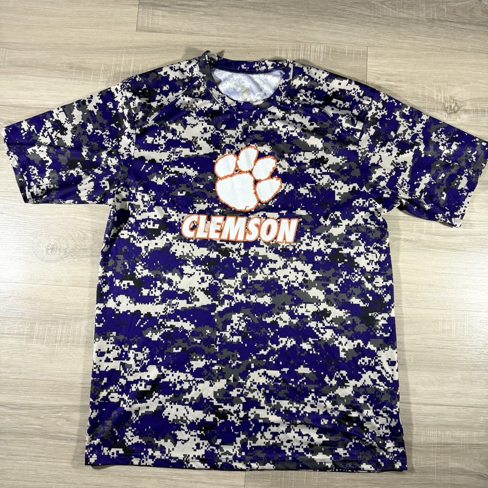Clemson Tigers Shirt‎ Men XL  Purple Camo T Shirt Stretch Big Logo Spell Out
